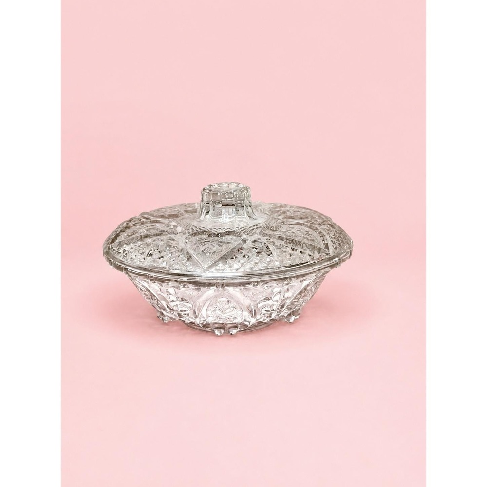 Vintage Pressed Glass Covered Dish Candy Bowl Hearts KIG Malaysia with Lid